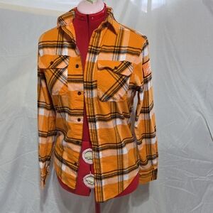 Busch Light Mens Small Orange Plaid Casual Button Down Shirt